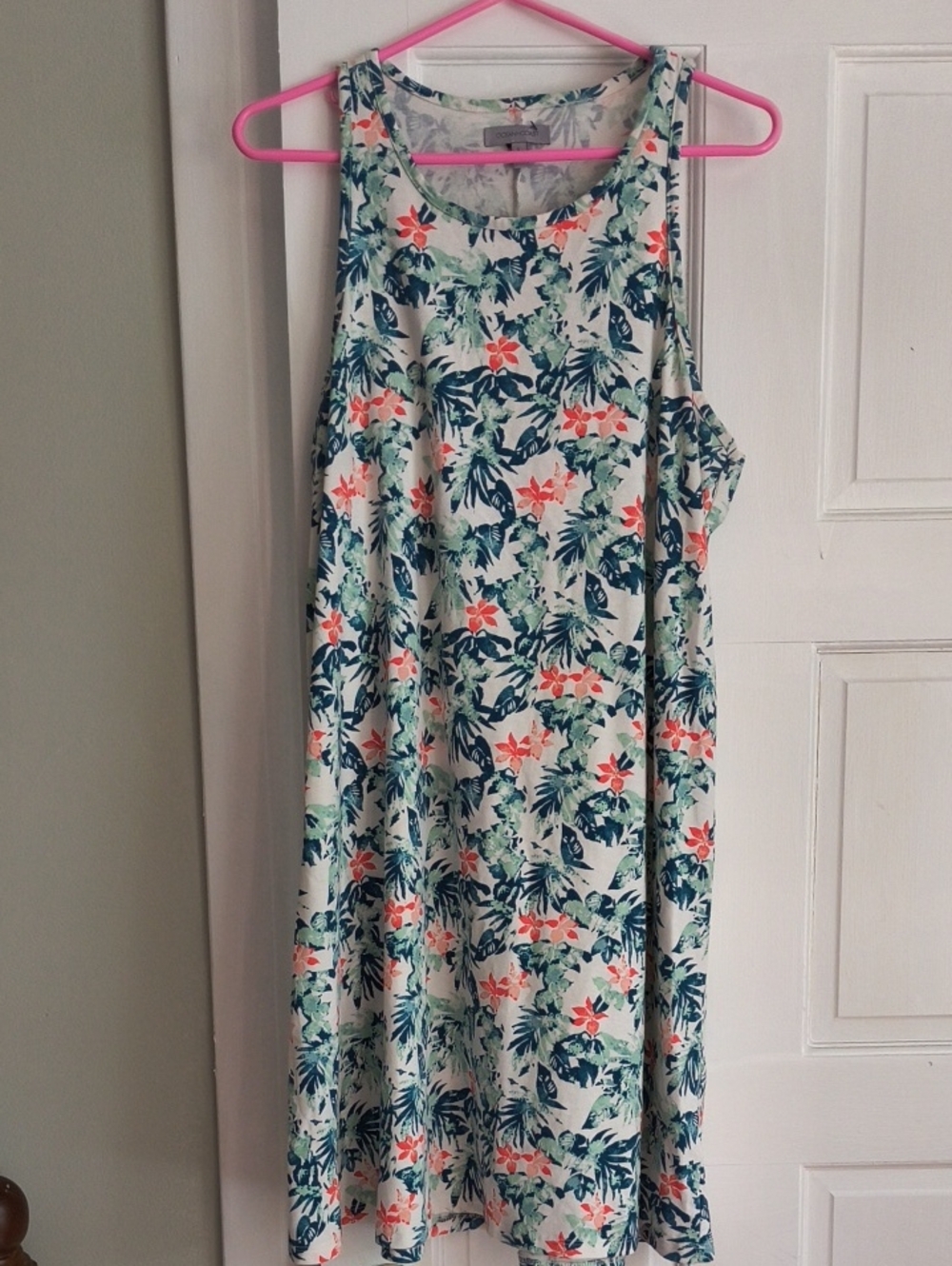 Floral Tank Swim Coverup in White with Coral and Teal